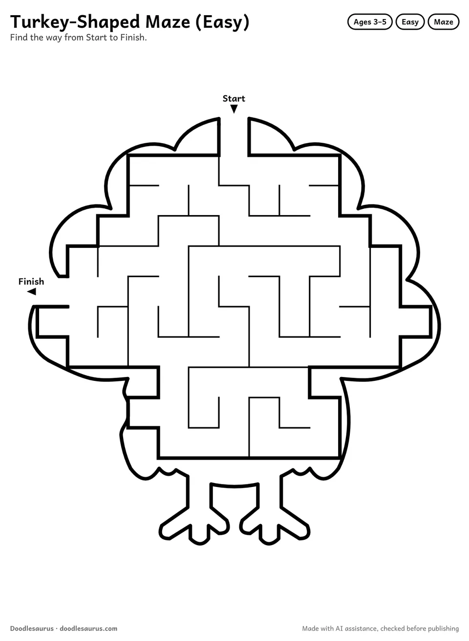 Turkey-shaped printable maze for ages 3-5: 88 cells inside a turkey outline, with Start and Finish arrows and an answer key.