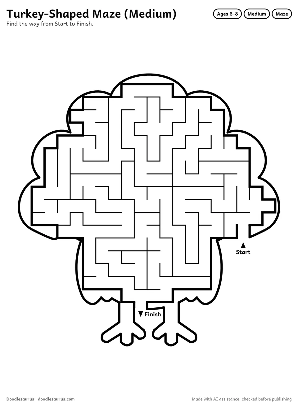 Turkey-shaped printable maze for ages 6-8: 212 cells inside a turkey outline, with Start and Finish arrows and an answer key.