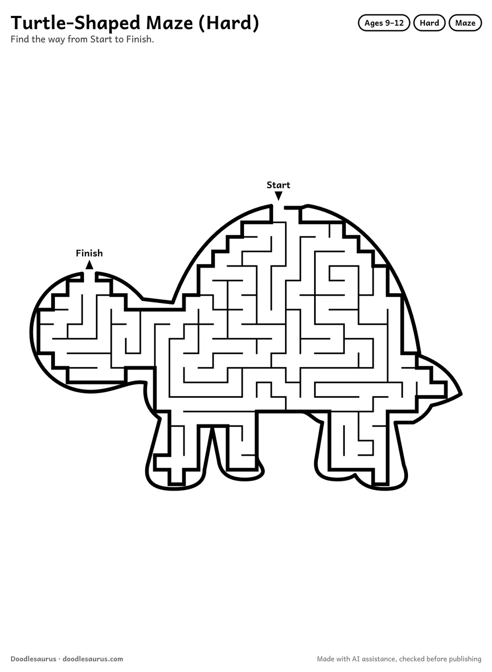 Turtle-shaped printable maze for ages 9-12: 276 cells inside a turtle outline, with Start and Finish arrows and an answer key.