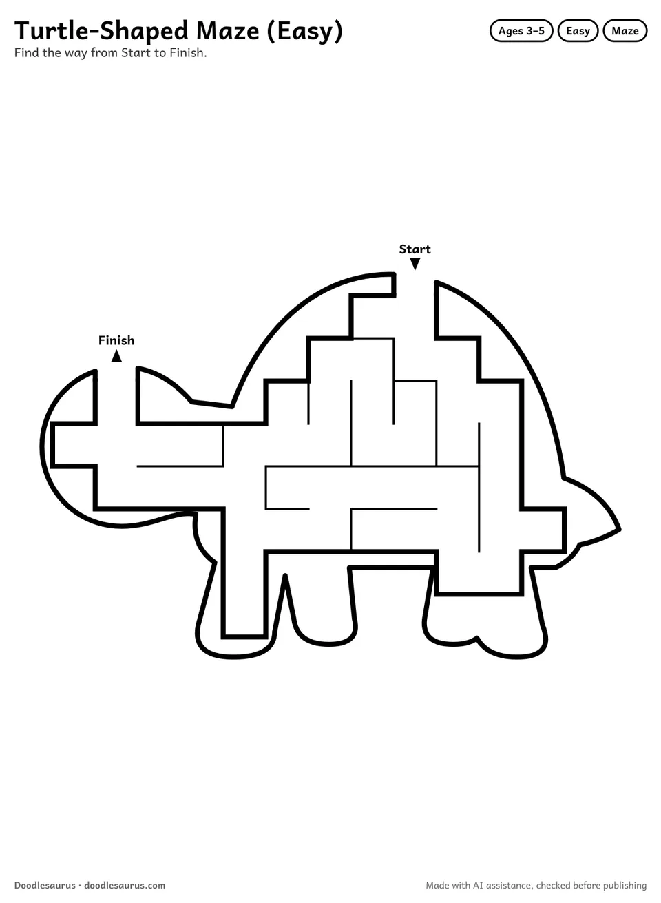 Turtle-shaped printable maze for ages 3-5: 46 cells inside a turtle outline, with Start and Finish arrows and an answer key.