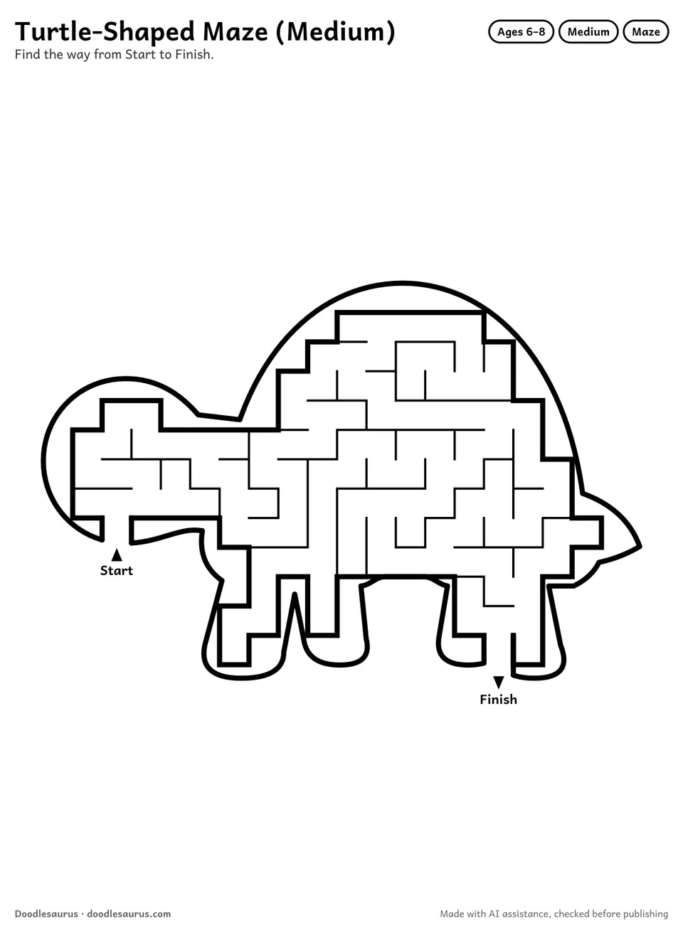 Turtle-shaped printable maze for ages 6-8: 118 cells inside a turtle outline, with Start and Finish arrows and an answer key.