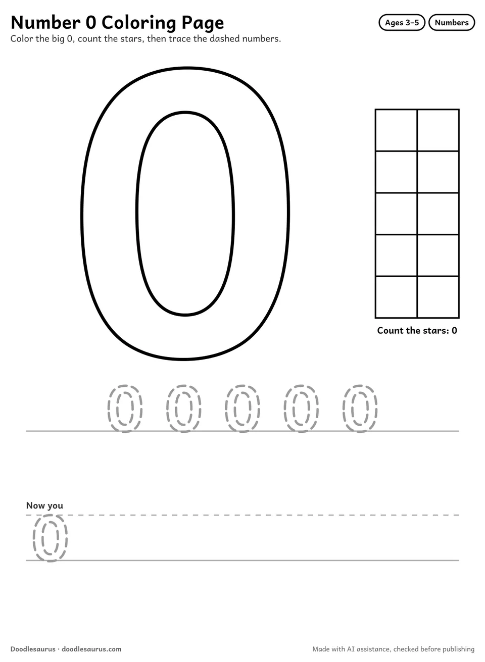 Number 0 coloring page: a big outlined 0 to color, a ten-frame with 0 stars to count, and dashed tracing rows for ages 3–5.