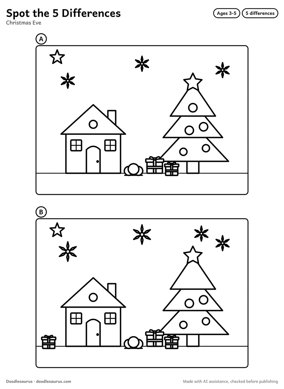 Spot the difference puzzle: Christmas Eve, drawn twice with 5 differences to find, and a numbered answer key.
