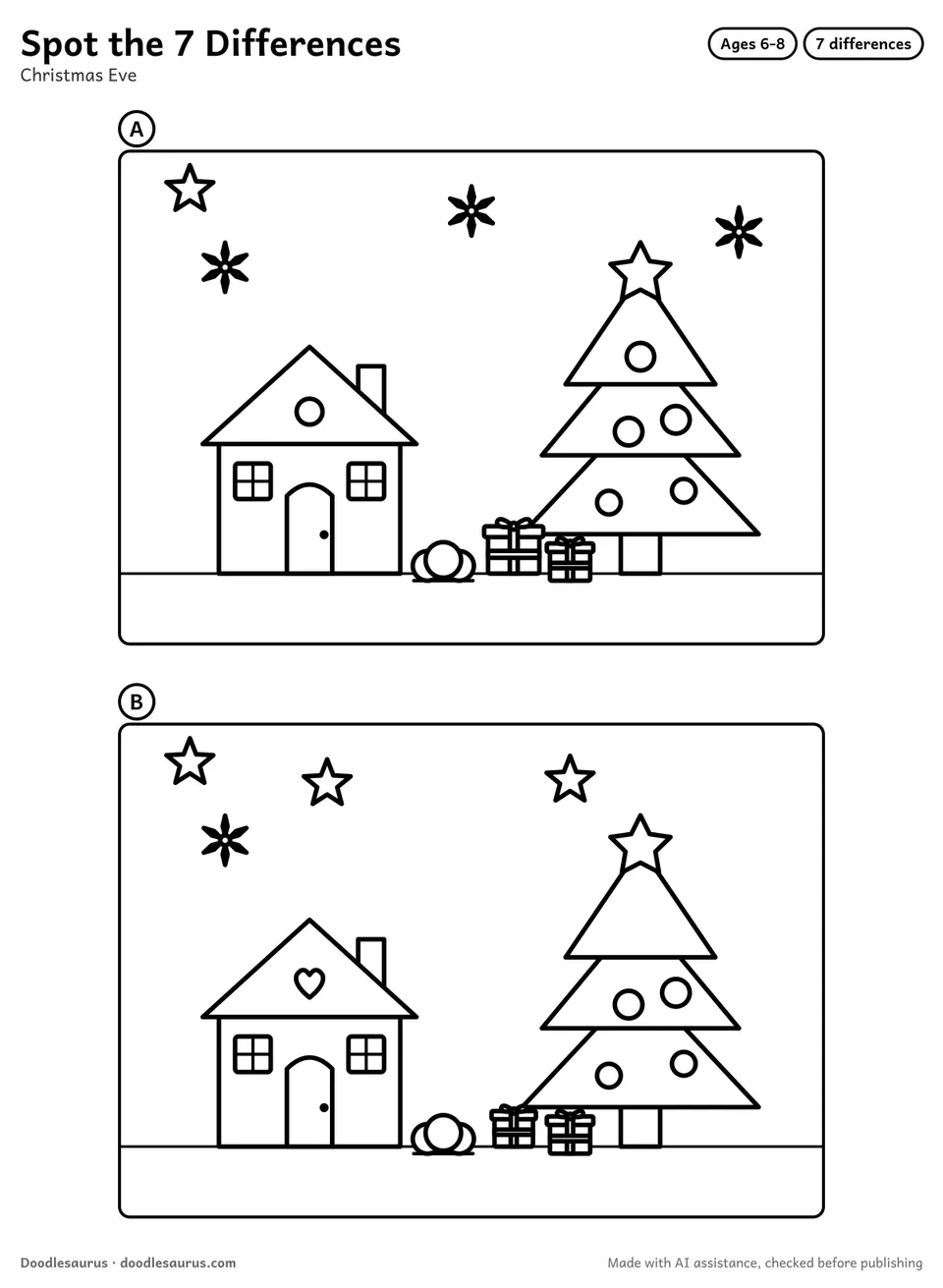Spot the difference puzzle: Christmas Eve, drawn twice with 7 differences to find, and a numbered answer key.