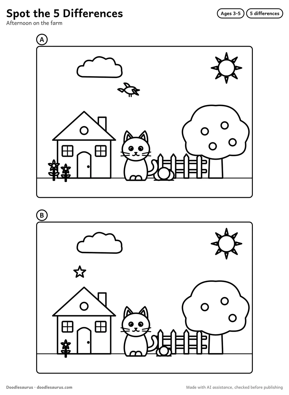 Spot the difference puzzle: Afternoon on the farm, drawn twice with 5 differences to find, and a numbered answer key.
