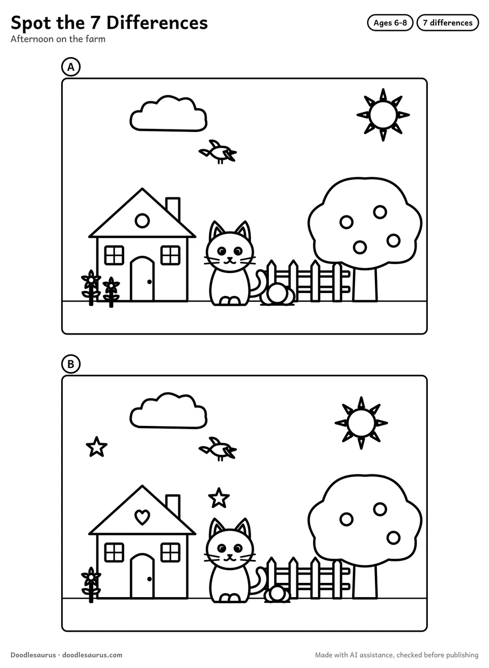 Spot the difference puzzle: Afternoon on the farm, drawn twice with 7 differences to find, and a numbered answer key.