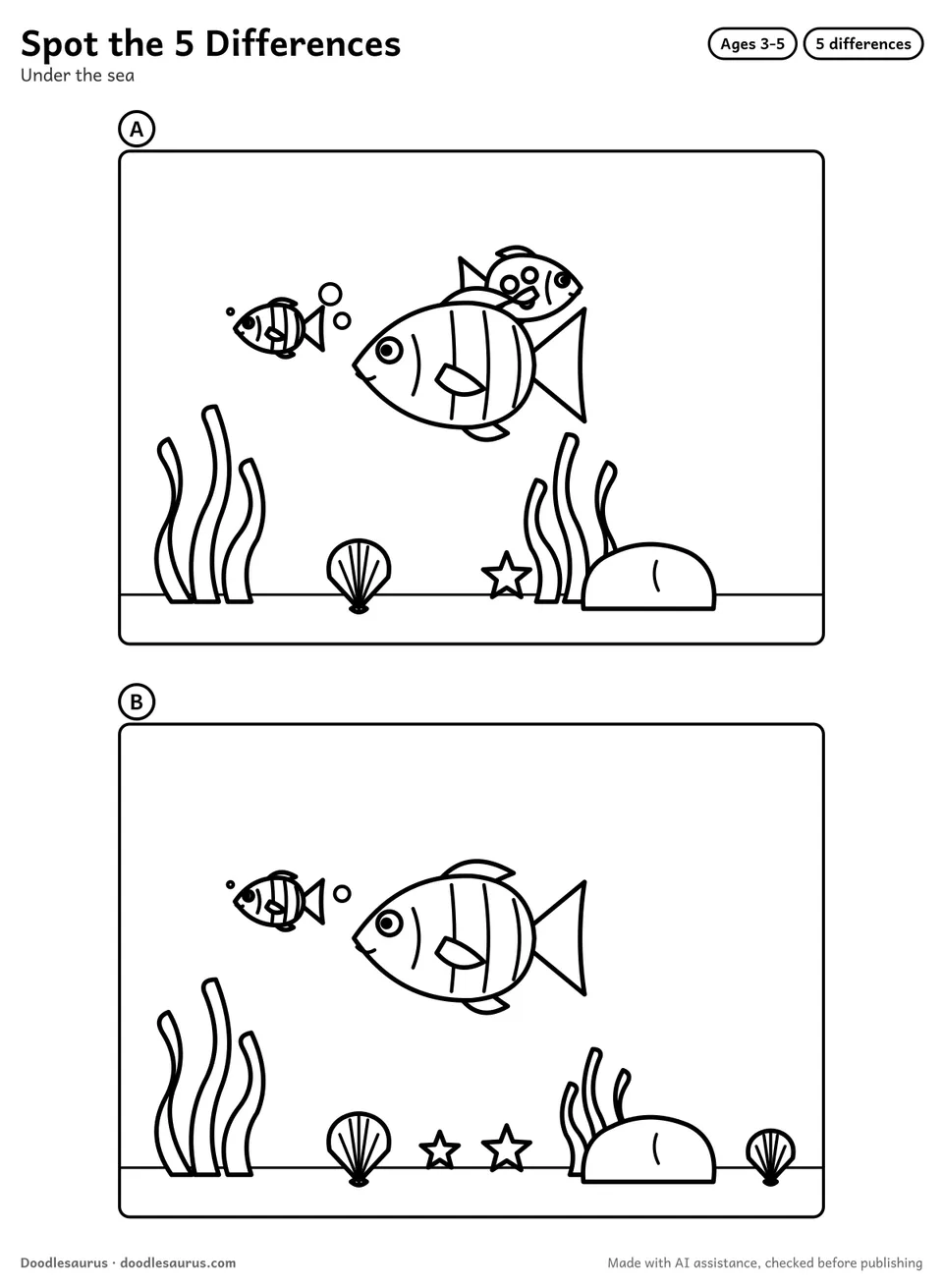 Spot the difference puzzle: Under the sea, drawn twice with 5 differences to find, and a numbered answer key.