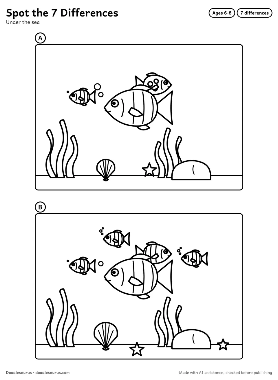 Spot the difference puzzle: Under the sea, drawn twice with 7 differences to find, and a numbered answer key.