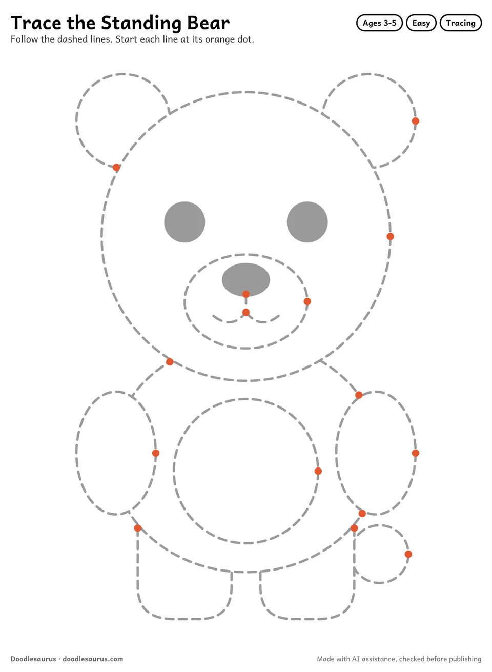 Tracing worksheet of a standing bear drawn in dashed gray lines with an orange start dot on every stroke.