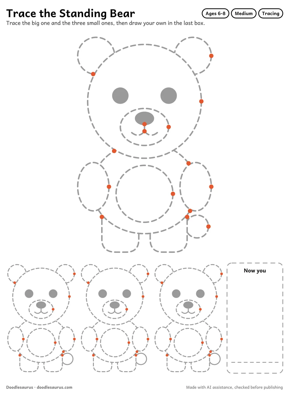 Tracing worksheet of a standing bear: a large dashed drawing, three small copies to trace and an empty box to draw it freehand.