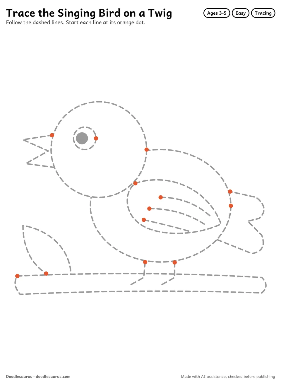 Tracing worksheet of a singing bird on a twig drawn in dashed gray lines with an orange start dot on every stroke.