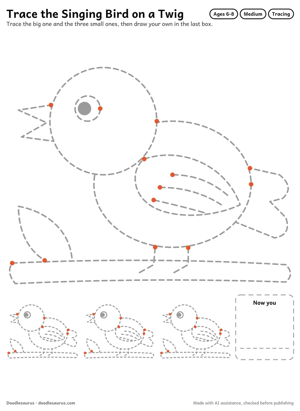 Tracing worksheet of a singing bird on a twig: a large dashed drawing, three small copies to trace and an empty box to draw it freehand.