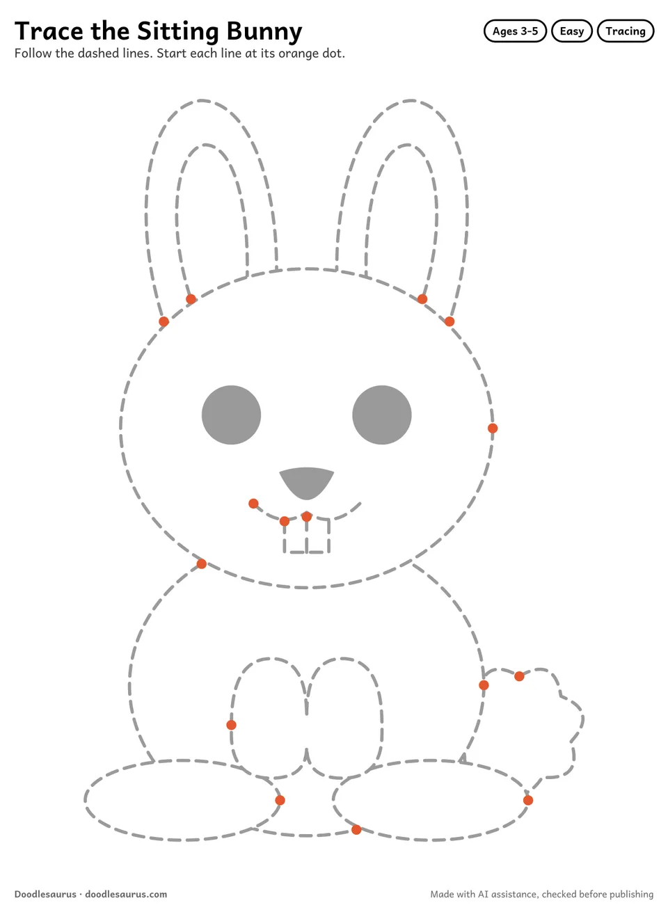 Tracing worksheet of a sitting bunny drawn in dashed gray lines with an orange start dot on every stroke.