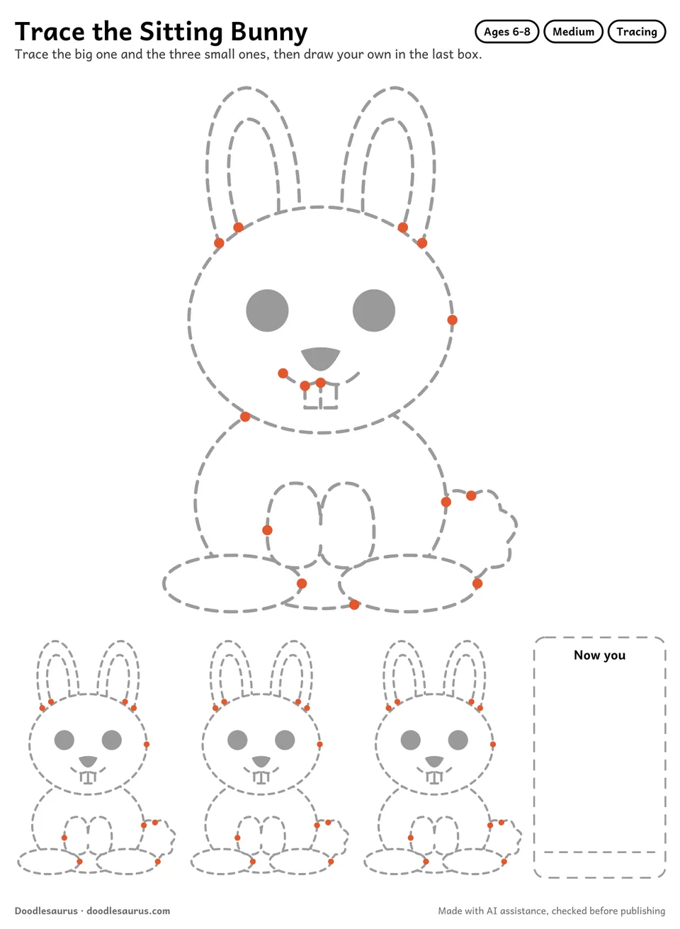Tracing worksheet of a sitting bunny: a large dashed drawing, three small copies to trace and an empty box to draw it freehand.
