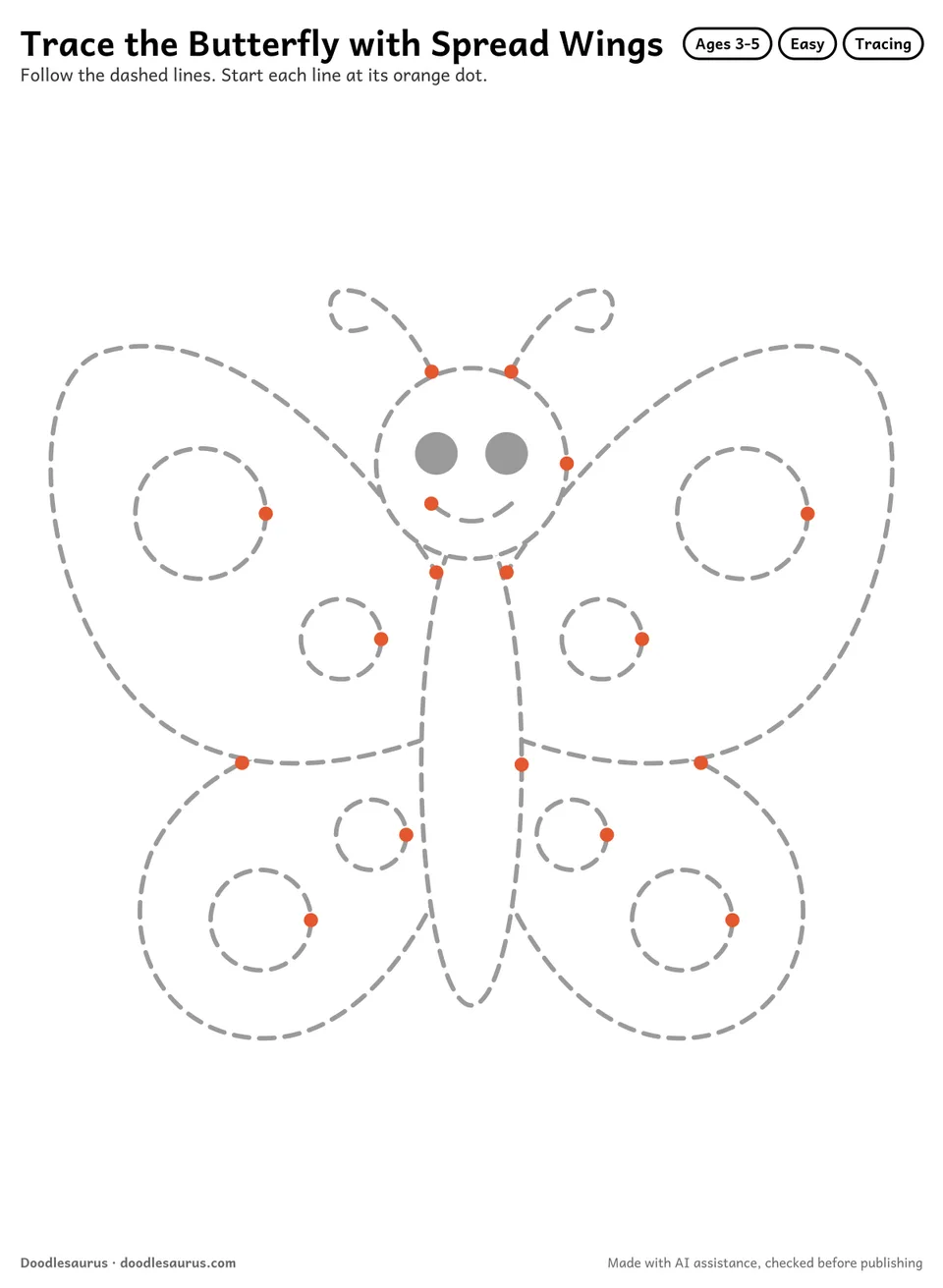 Tracing worksheet of a butterfly with spread wings drawn in dashed gray lines with an orange start dot on every stroke.