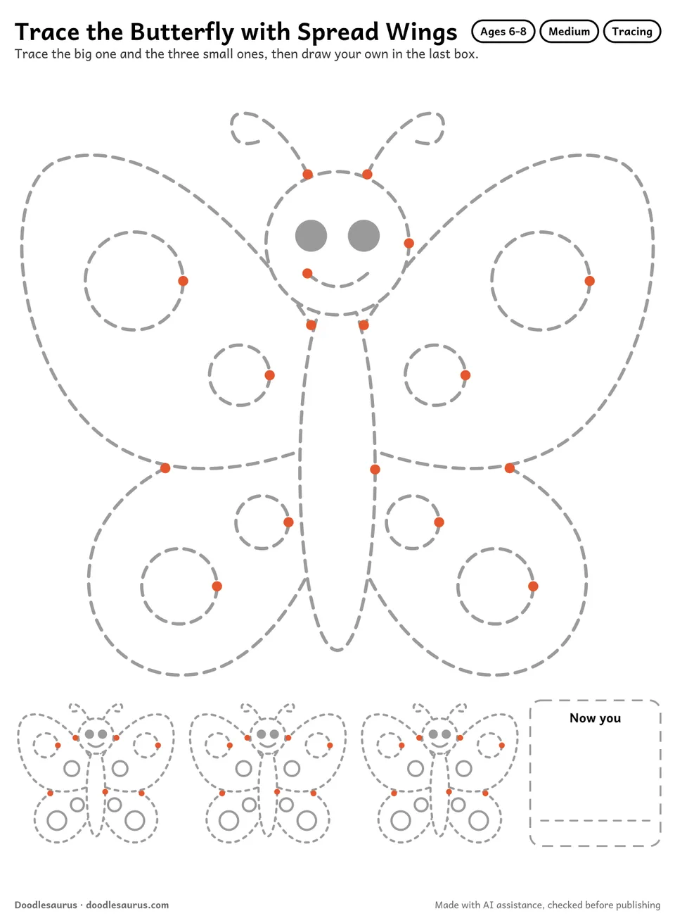 Tracing worksheet of a butterfly with spread wings: a large dashed drawing, three small copies to trace and an empty box to draw it freehand.