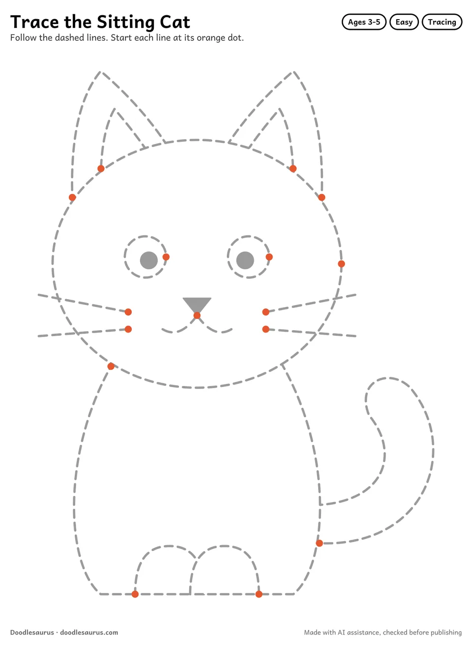Tracing worksheet of a sitting cat drawn in dashed gray lines with an orange start dot on every stroke.