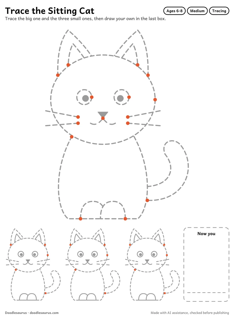 Tracing worksheet of a sitting cat: a large dashed drawing, three small copies to trace and an empty box to draw it freehand.