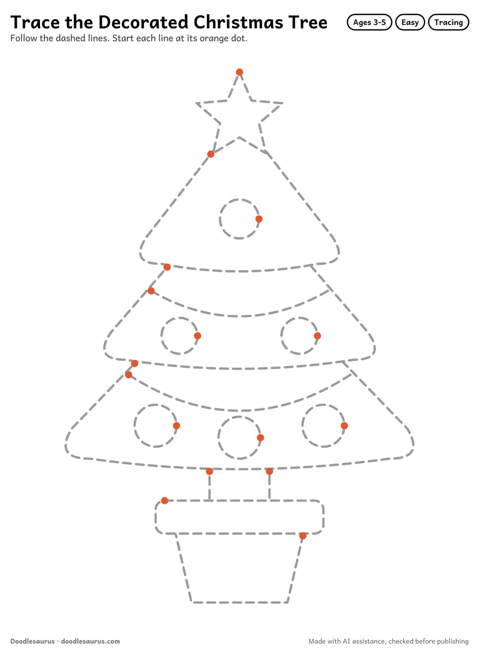Tracing worksheet of a decorated Christmas tree drawn in dashed gray lines with an orange start dot on every stroke.