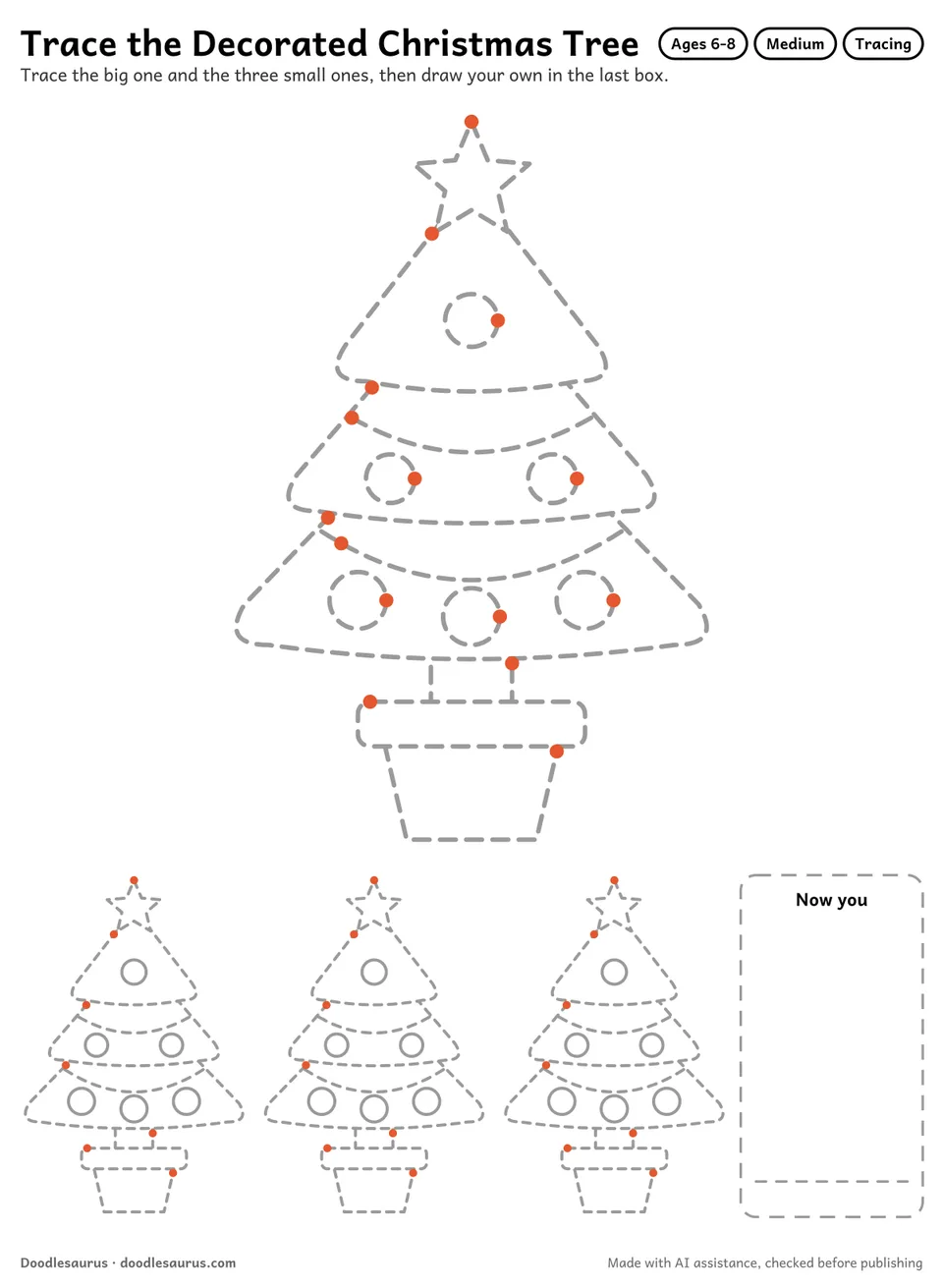 Tracing worksheet of a decorated Christmas tree: a large dashed drawing, three small copies to trace and an empty box to draw it freehand.