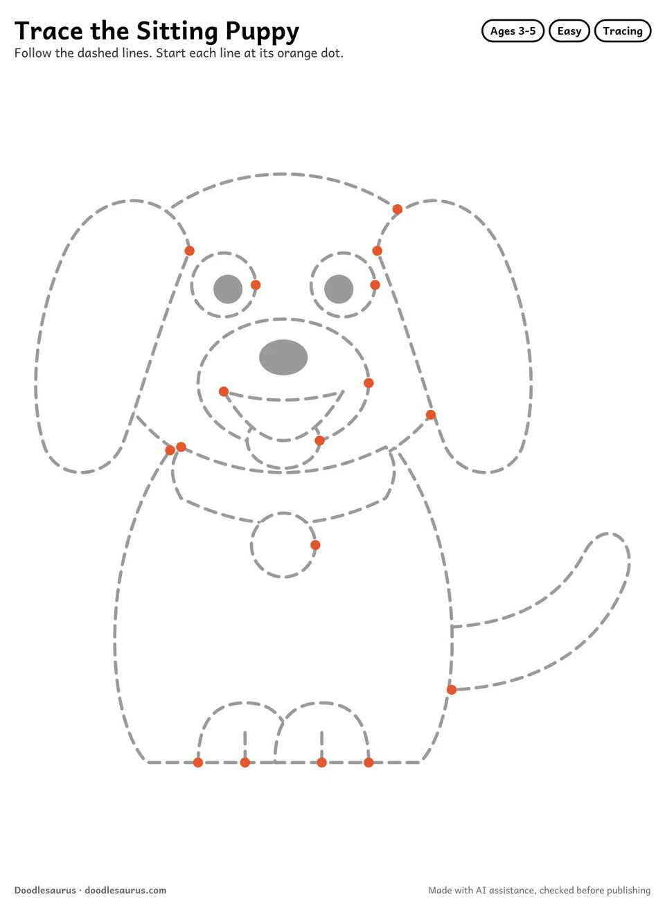 Tracing worksheet of a sitting puppy drawn in dashed gray lines with an orange start dot on every stroke.