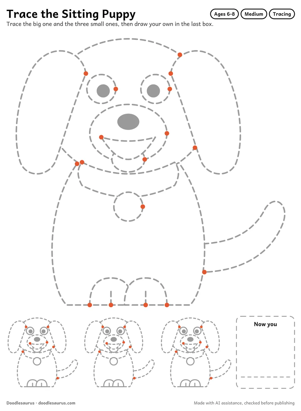 Tracing worksheet of a sitting puppy: a large dashed drawing, three small copies to trace and an empty box to draw it freehand.