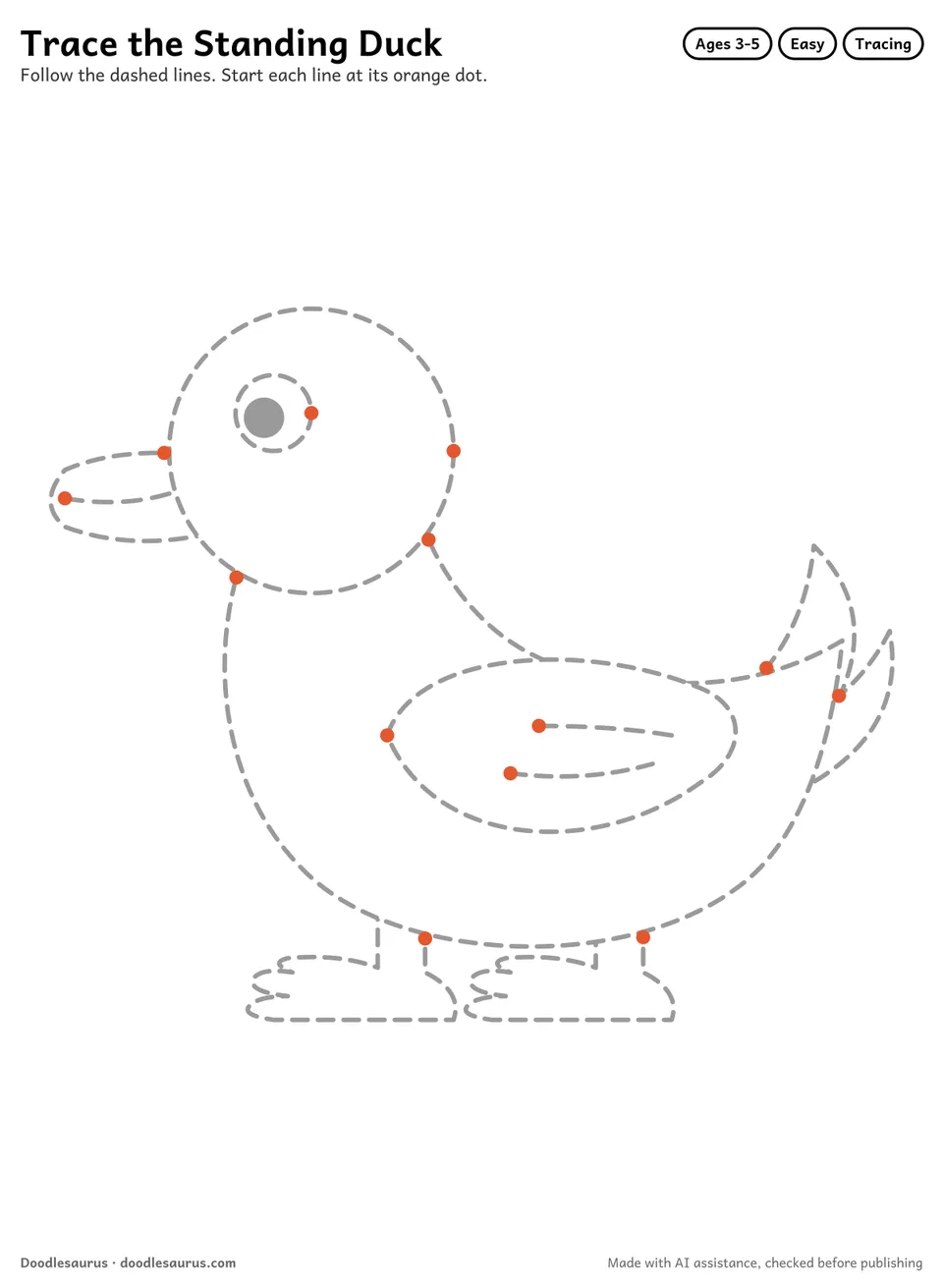Tracing worksheet of a standing duck drawn in dashed gray lines with an orange start dot on every stroke.