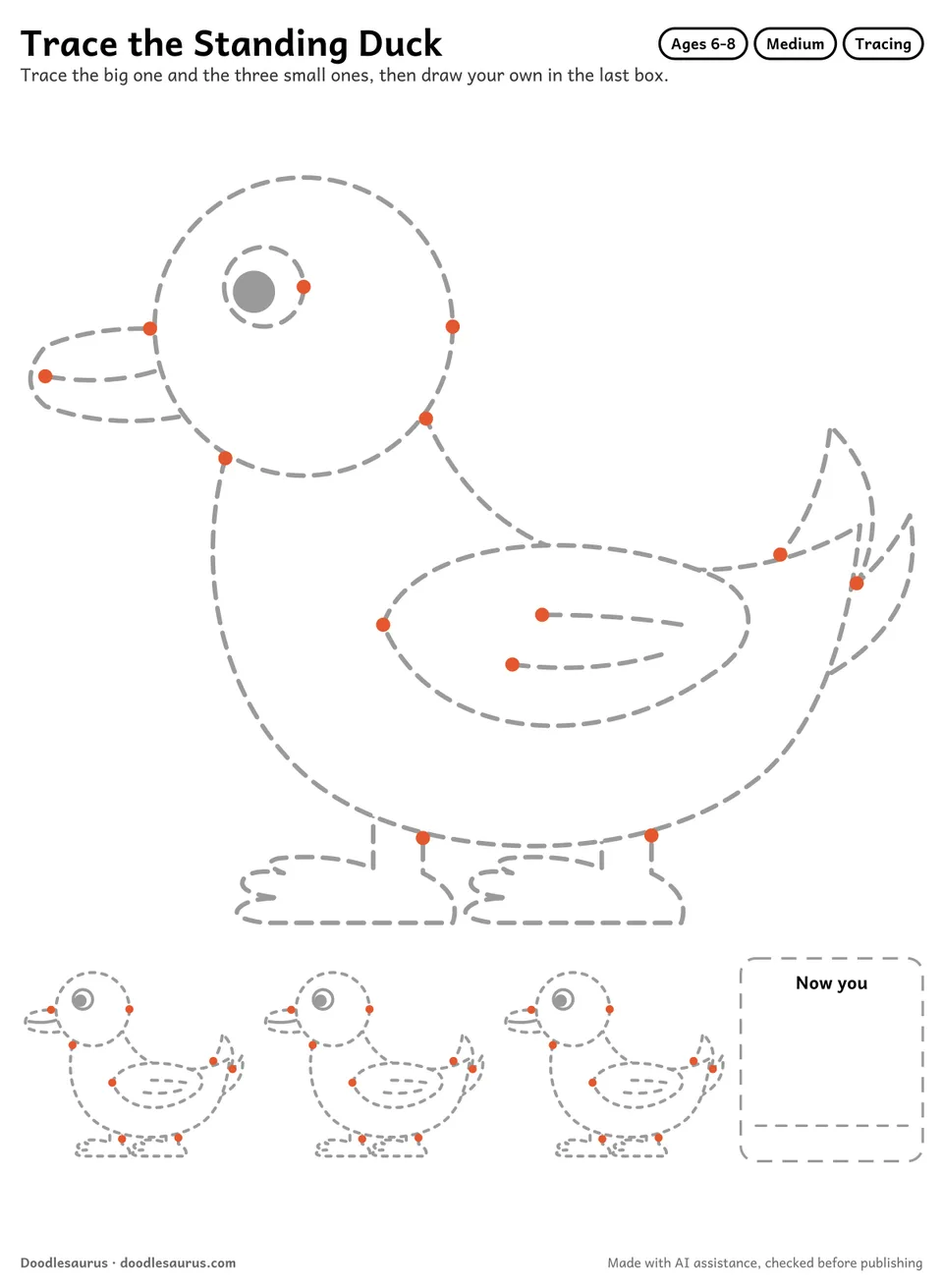Tracing worksheet of a standing duck: a large dashed drawing, three small copies to trace and an empty box to draw it freehand.