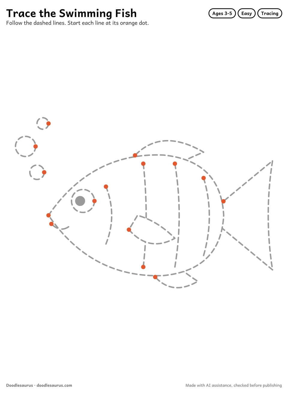 Tracing worksheet of a swimming fish drawn in dashed gray lines with an orange start dot on every stroke.