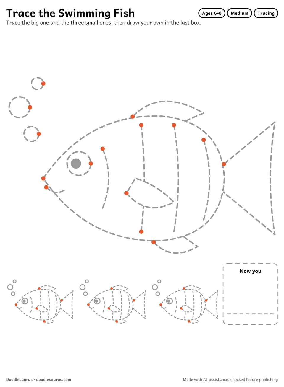 Tracing worksheet of a swimming fish: a large dashed drawing, three small copies to trace and an empty box to draw it freehand.