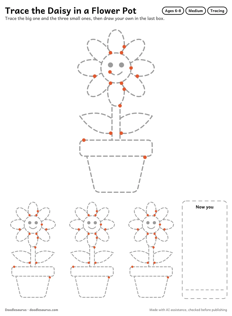 Tracing worksheet of a daisy in a flower pot: a large dashed drawing, three small copies to trace and an empty box to draw it freehand.