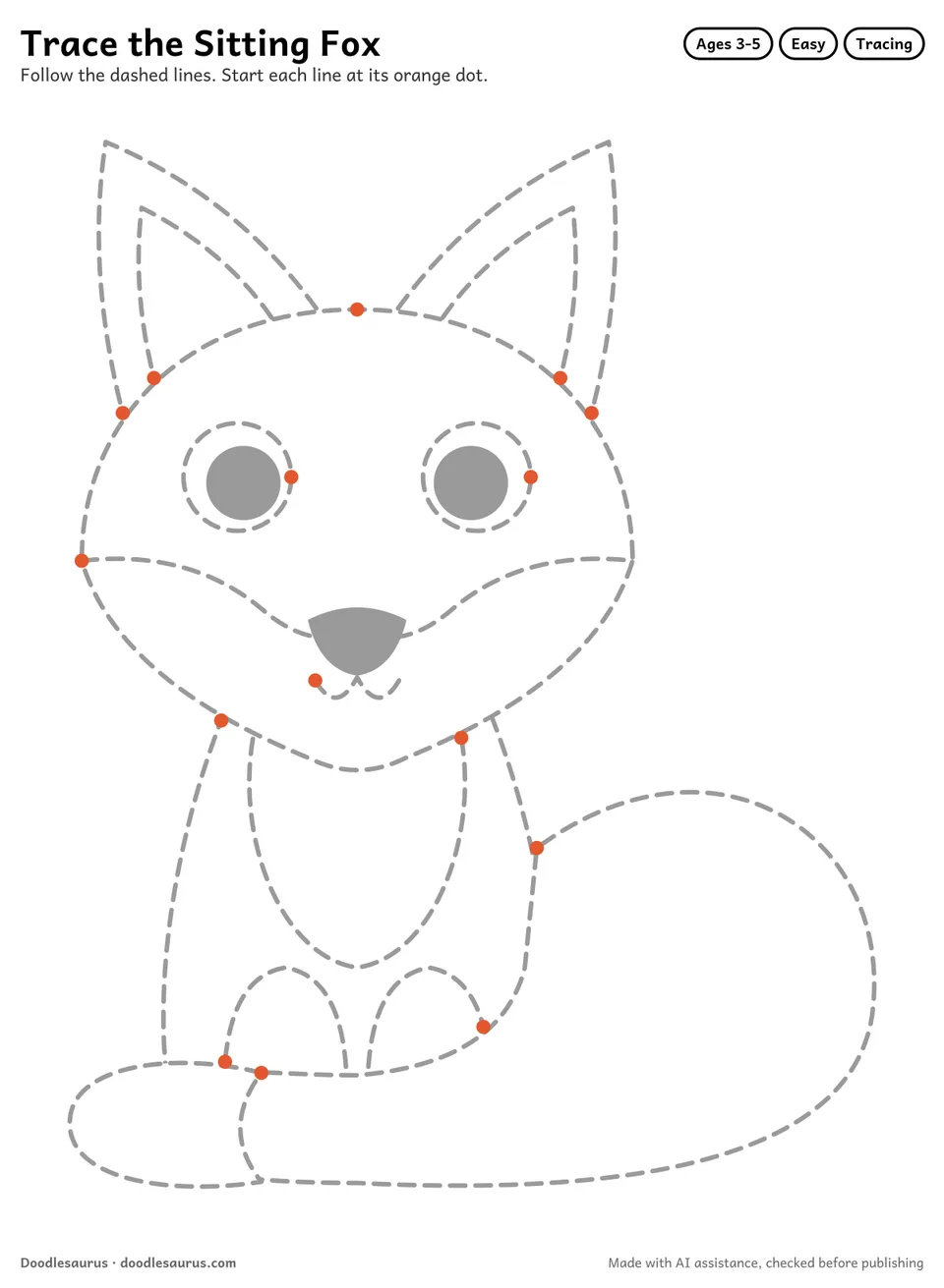 Tracing worksheet of a sitting fox drawn in dashed gray lines with an orange start dot on every stroke.