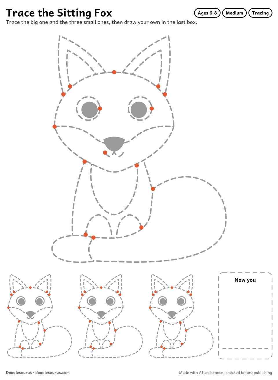 Tracing worksheet of a sitting fox: a large dashed drawing, three small copies to trace and an empty box to draw it freehand.