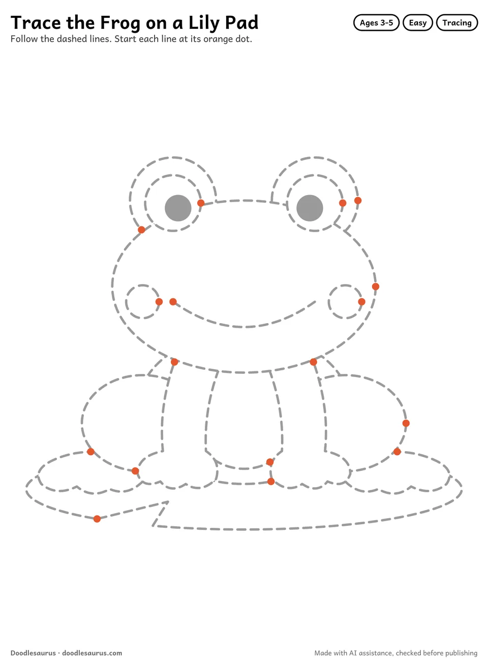 Tracing worksheet of a frog on a lily pad drawn in dashed gray lines with an orange start dot on every stroke.
