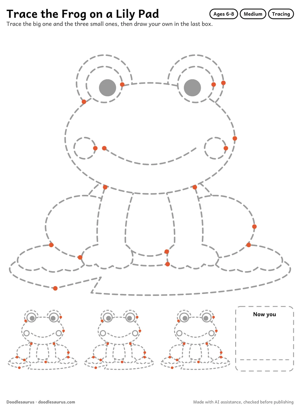 Tracing worksheet of a frog on a lily pad: a large dashed drawing, three small copies to trace and an empty box to draw it freehand.