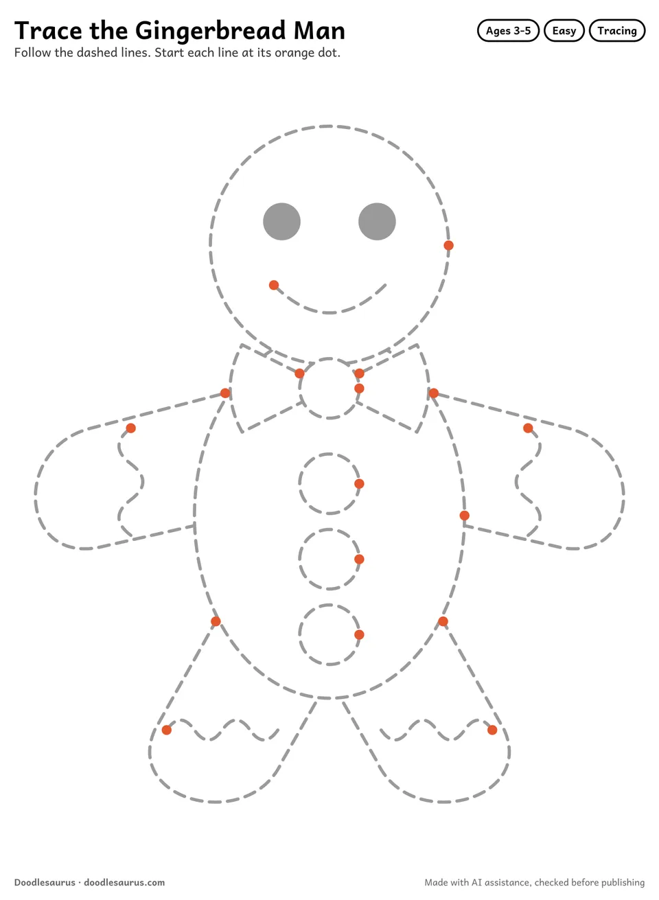 Tracing worksheet of a gingerbread man drawn in dashed gray lines with an orange start dot on every stroke.