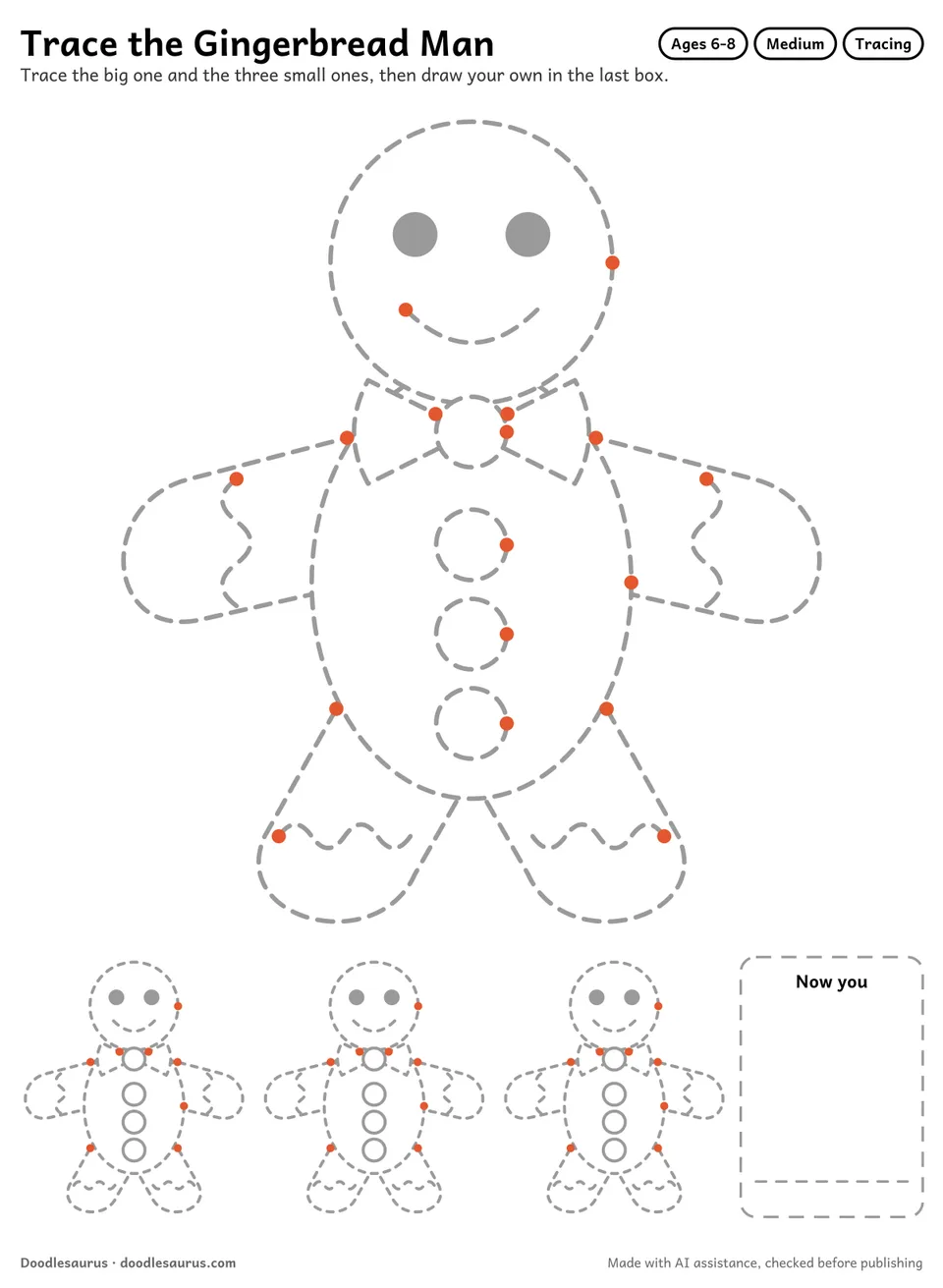 Tracing worksheet of a gingerbread man: a large dashed drawing, three small copies to trace and an empty box to draw it freehand.