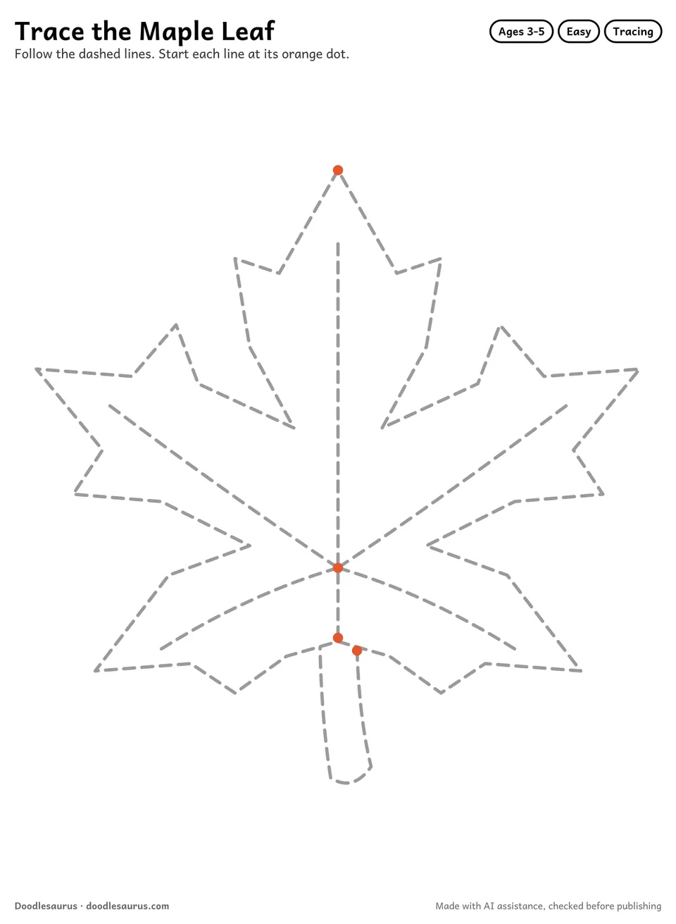 Tracing worksheet of a maple leaf drawn in dashed gray lines with an orange start dot on every stroke.