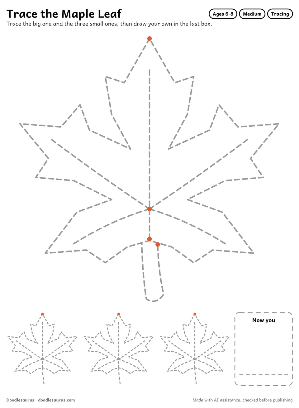Tracing worksheet of a maple leaf: a large dashed drawing, three small copies to trace and an empty box to draw it freehand.