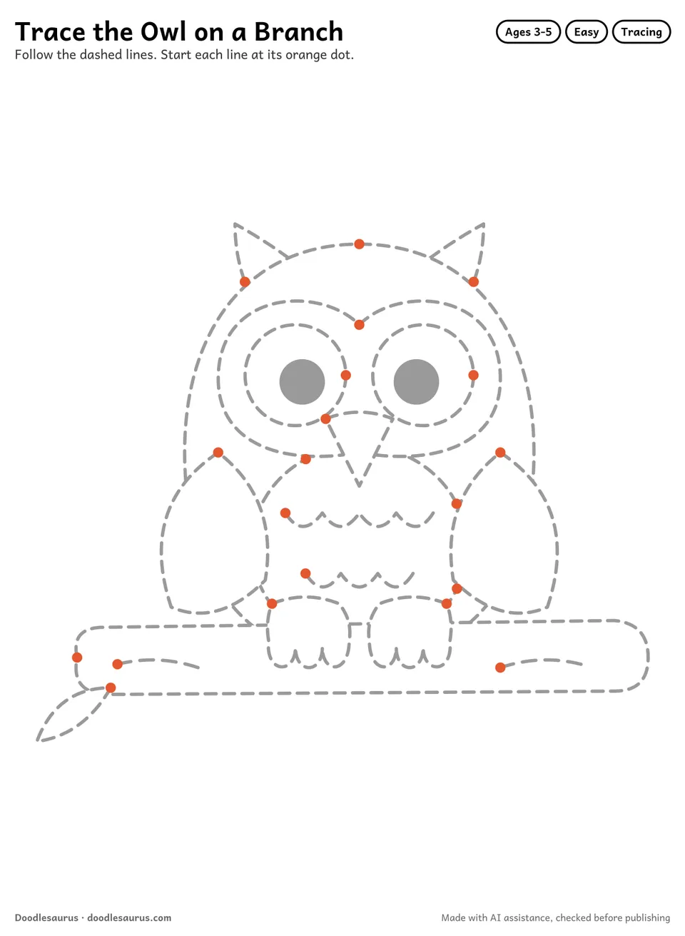 Tracing worksheet of an owl on a branch drawn in dashed gray lines with an orange start dot on every stroke.