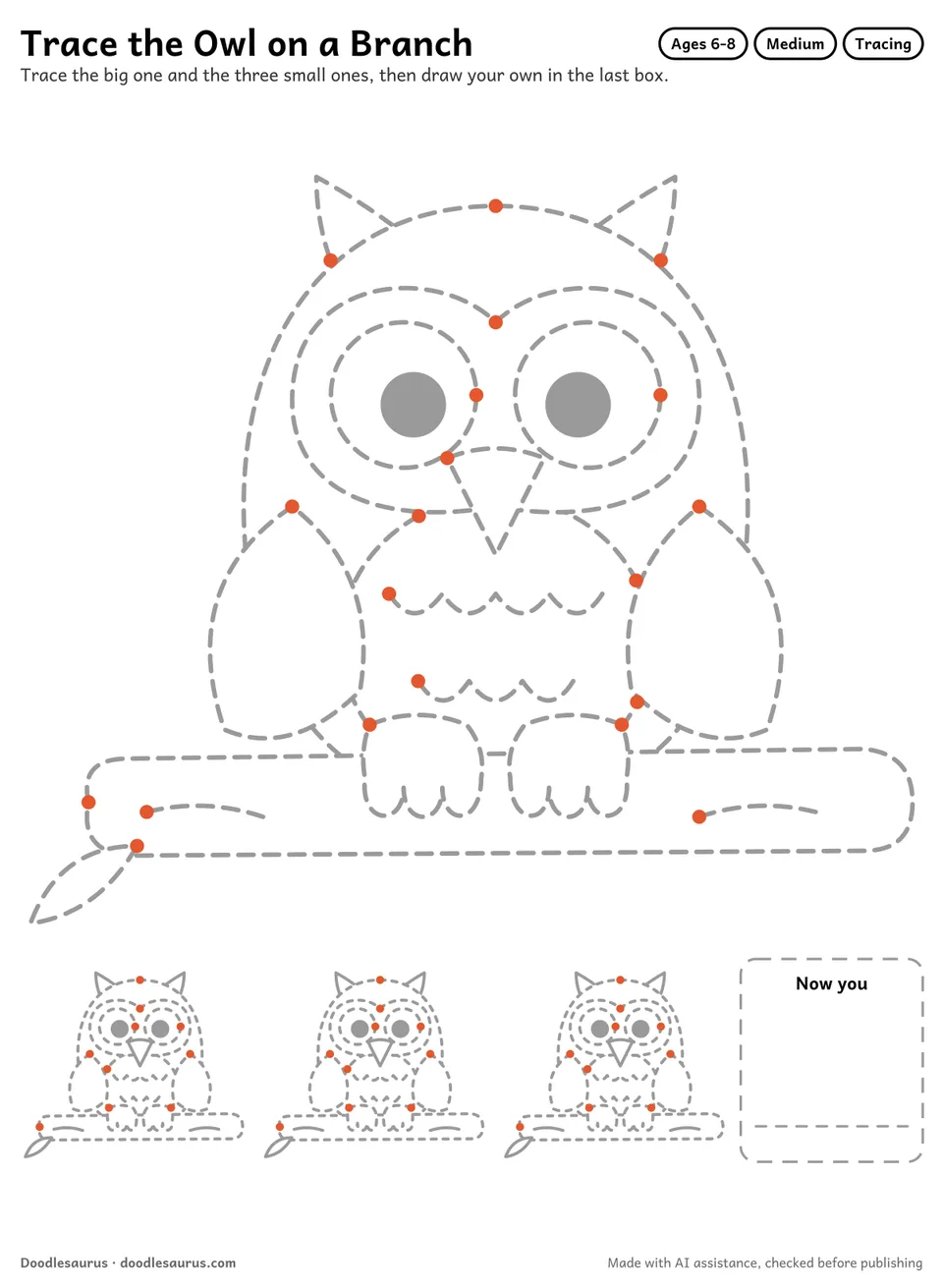 Tracing worksheet of an owl on a branch: a large dashed drawing, three small copies to trace and an empty box to draw it freehand.