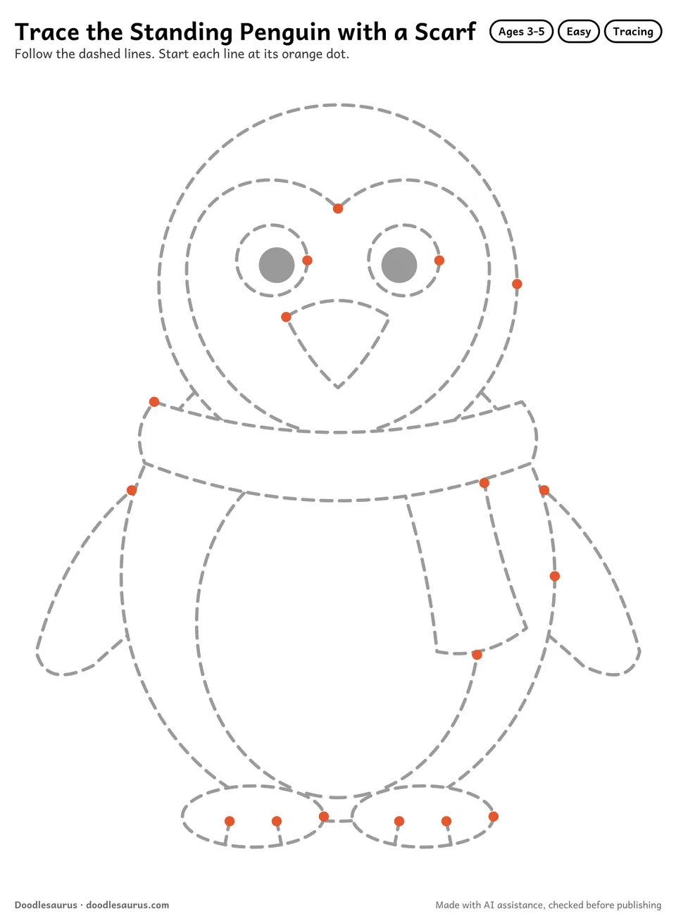 Tracing worksheet of a standing penguin with a scarf drawn in dashed gray lines with an orange start dot on every stroke.