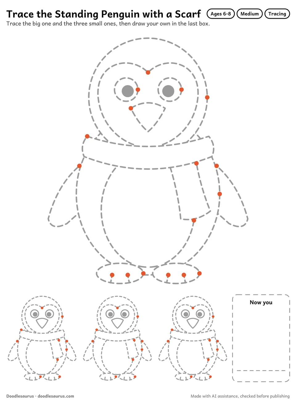 Tracing worksheet of a standing penguin with a scarf: a large dashed drawing, three small copies to trace and an empty box to draw it freehand.