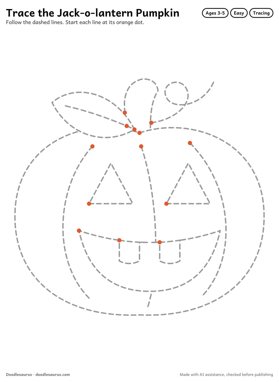 Tracing worksheet of a jack-o-lantern pumpkin drawn in dashed gray lines with an orange start dot on every stroke.