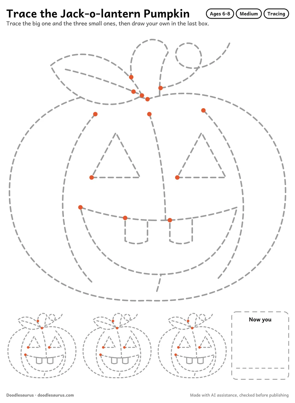 Tracing worksheet of a jack-o-lantern pumpkin: a large dashed drawing, three small copies to trace and an empty box to draw it freehand.