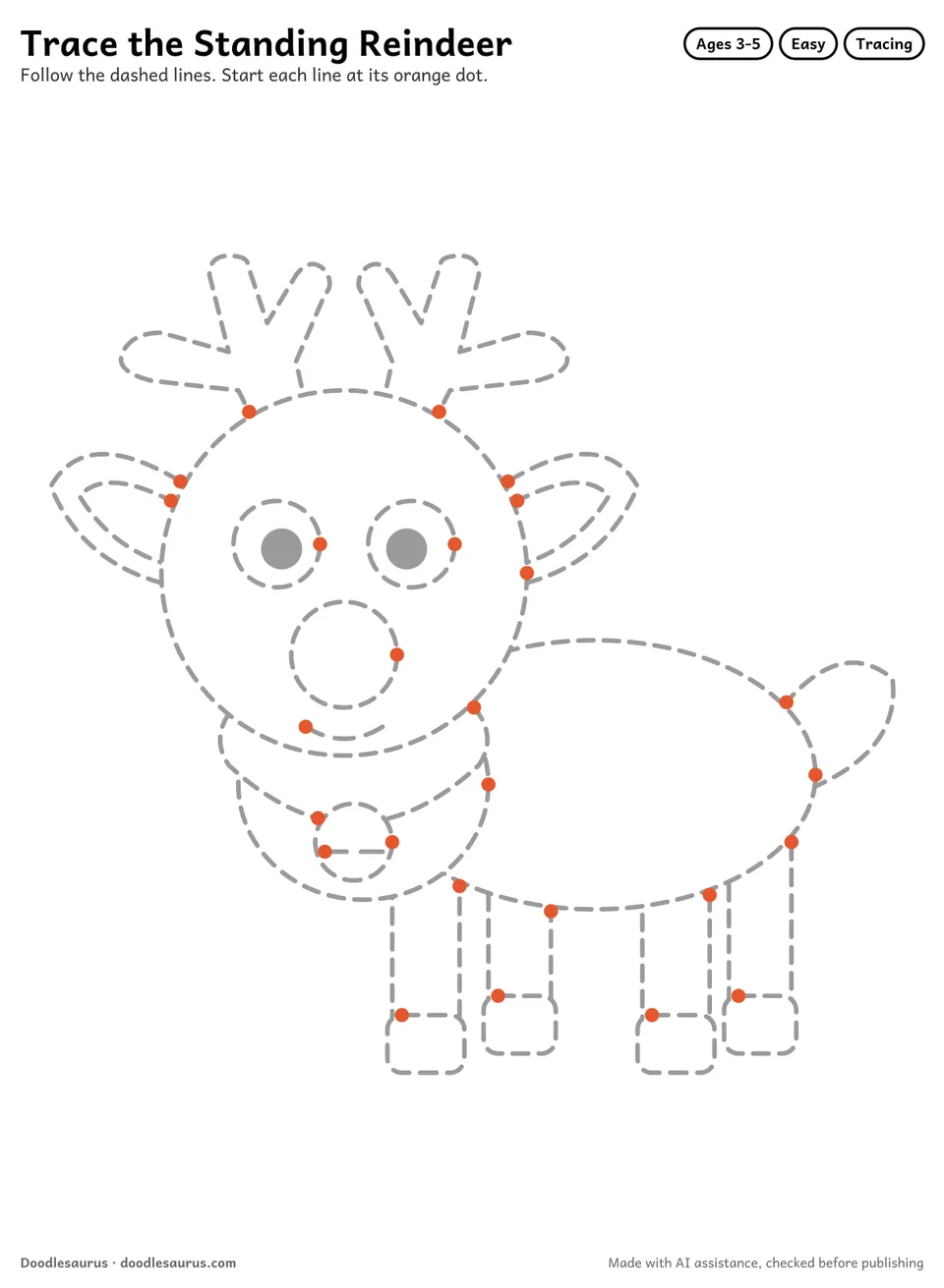 Tracing worksheet of a standing reindeer drawn in dashed gray lines with an orange start dot on every stroke.