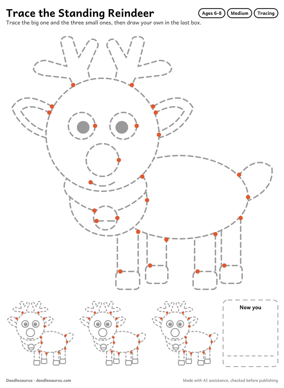 Tracing worksheet of a standing reindeer: a large dashed drawing, three small copies to trace and an empty box to draw it freehand.