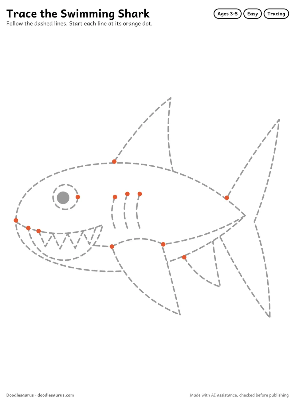 Tracing worksheet of a swimming shark drawn in dashed gray lines with an orange start dot on every stroke.