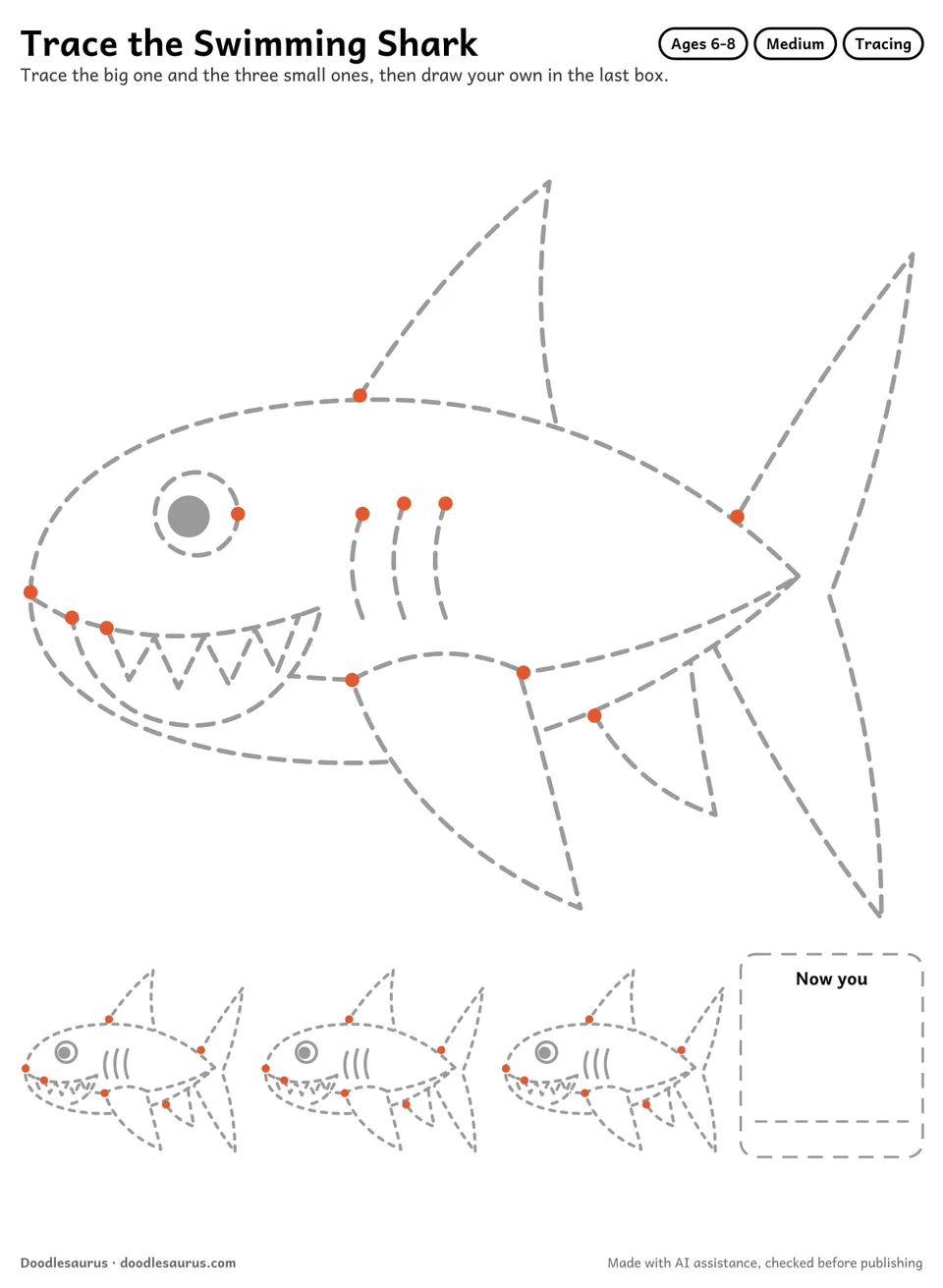 Tracing worksheet of a swimming shark: a large dashed drawing, three small copies to trace and an empty box to draw it freehand.
