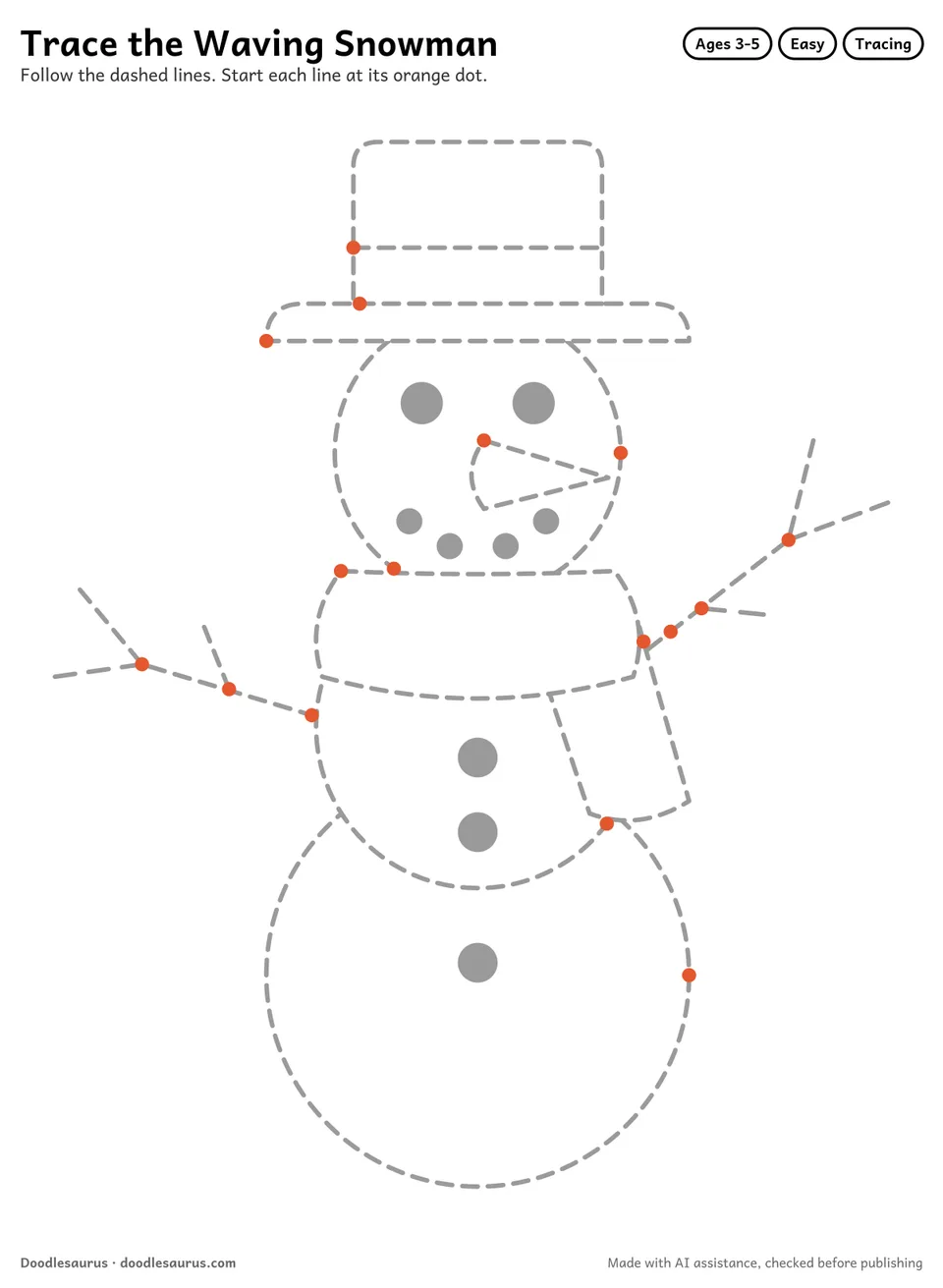 Tracing worksheet of a waving snowman drawn in dashed gray lines with an orange start dot on every stroke.